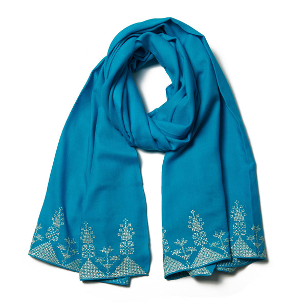 Embroidered Cashmere Shawl - Turquoise