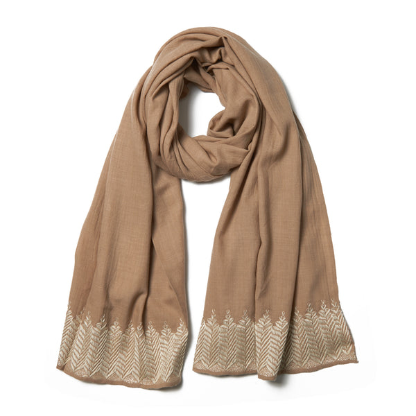 Embroidered Cashmere Shawl - Tan