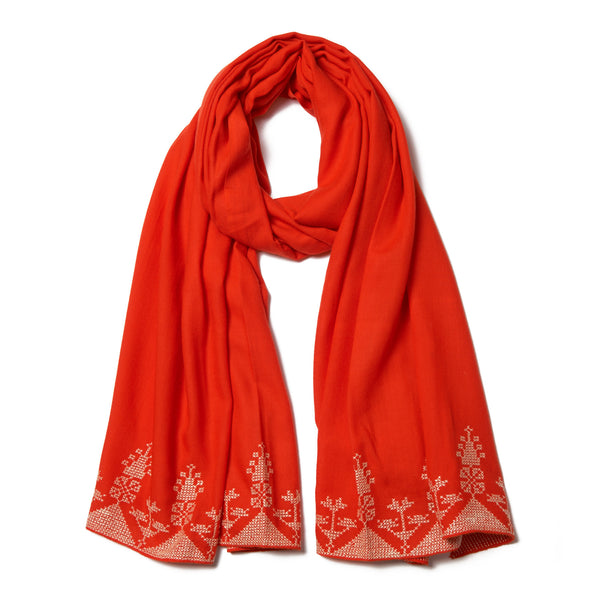 Embroidered Cashmere Shawl - Coral