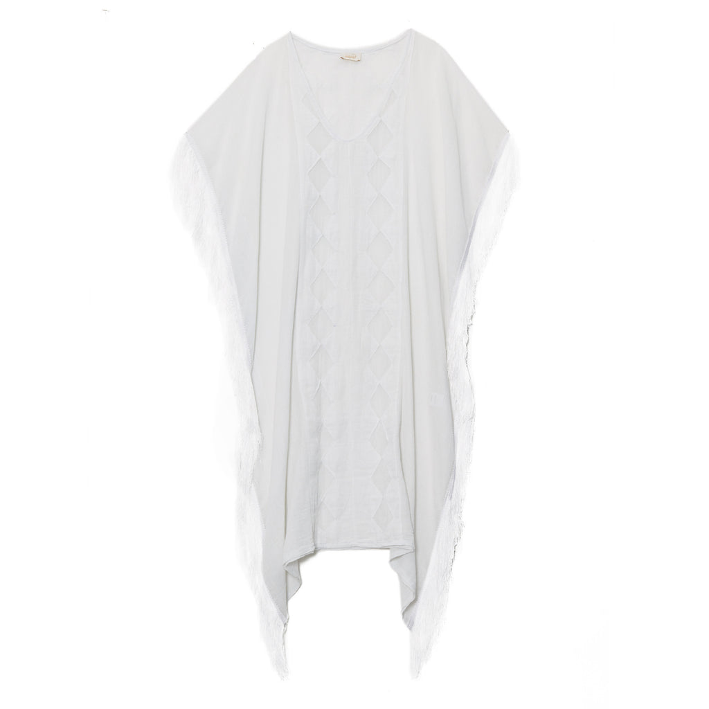 White Cotton Long Fringed Caftan