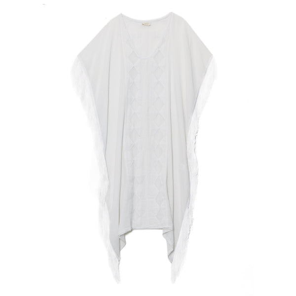 White Cotton Long Fringed Caftan