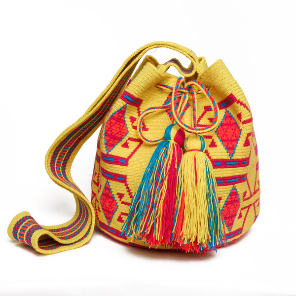 Small Yellow and Fuschia Ethnic Cotton Cartagena Mochila Tassel Bag