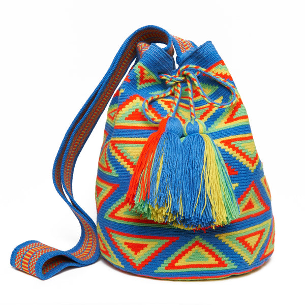 Baby Blue and Neon Triangle  Cotton Cartagena Mochila Tassel Bag