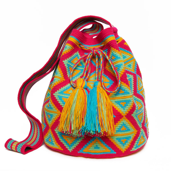 Fuschia and Neon Triangle Cotton Cartagena Mochila Tassel Bag