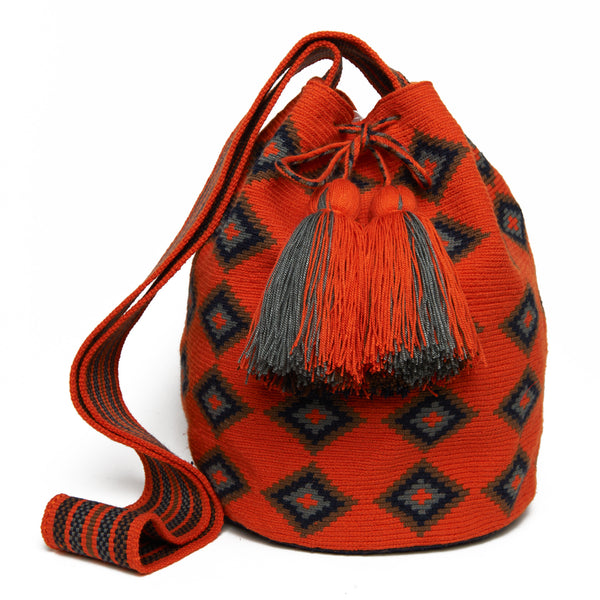 Orange and Navy Blue Diamond Cotton Cartagena Mochila Tassel Bag