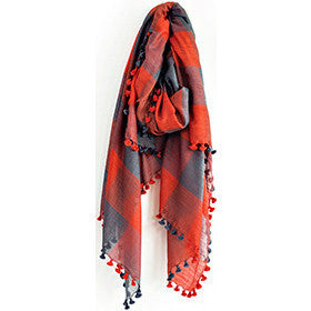 Charcoal and Vermillion Silk Wool Check Scarf