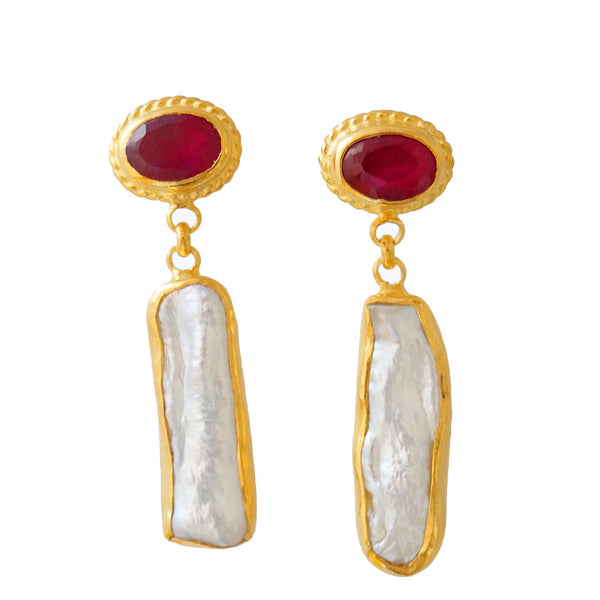 Roman Art Ruby and Pearl Dangle Earrings