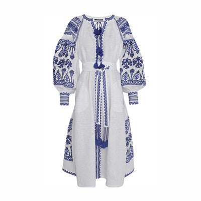 White and Blue Embroidered Long Bohemian Dress