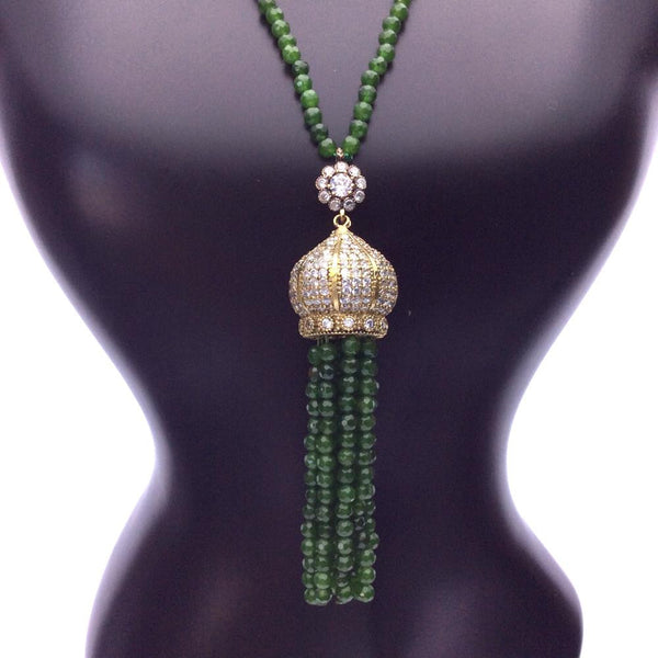 Emerald Jade and Gold Beaded Tassel Necklace