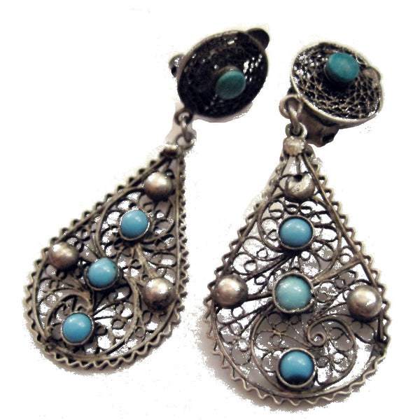 Egyptian Silver Filigree and Turquoise Glass Clip On Earrings