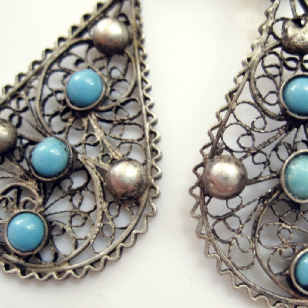 Egyptian Silver Filigree and Turquoise Glass Clip On Earrings