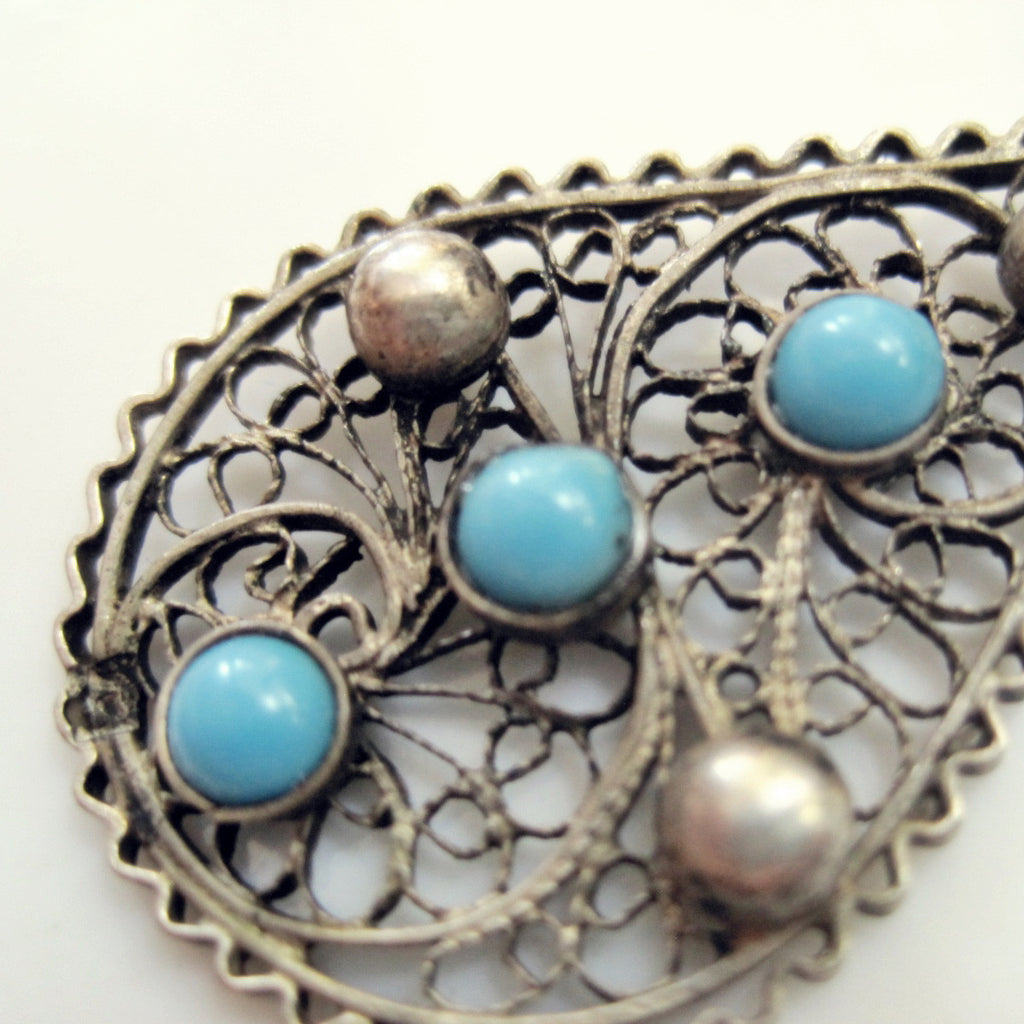 Egyptian Silver Filigree and Turquoise Glass Clip On Earrings