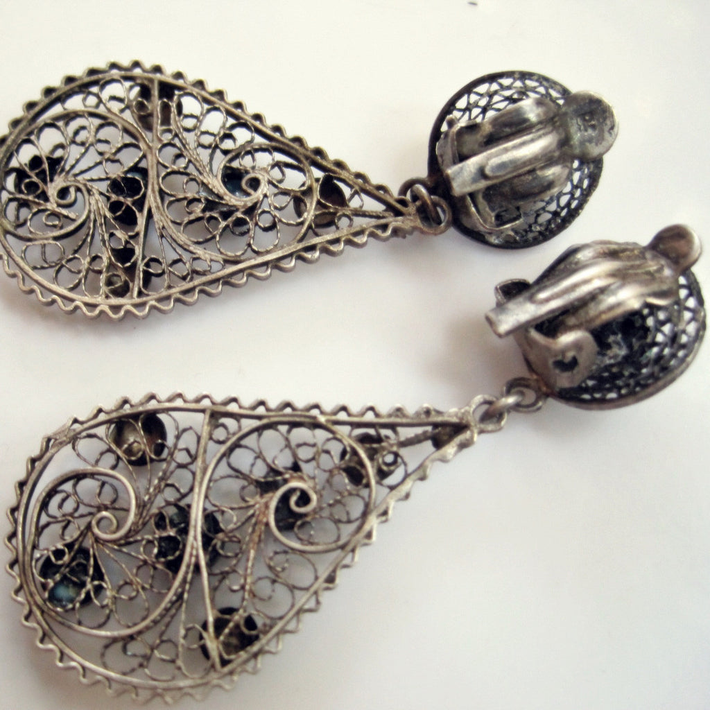 Egyptian Silver Filigree and Turquoise Glass Clip On Earrings