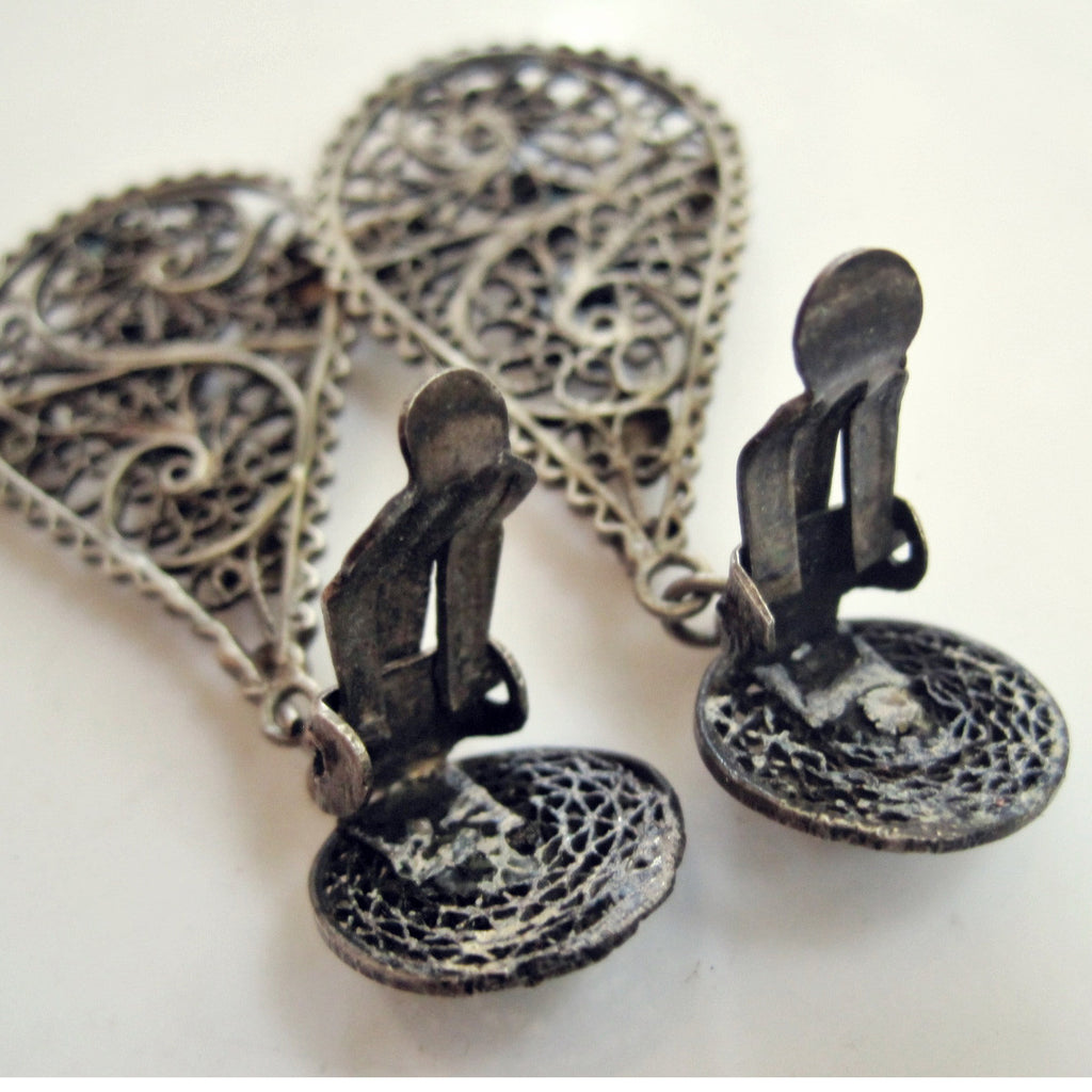 Egyptian Silver Filigree and Turquoise Glass Clip On Earrings