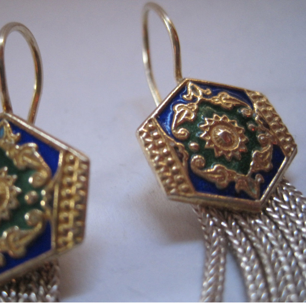 Turkish Enamel and Silver Tassel Earrings
