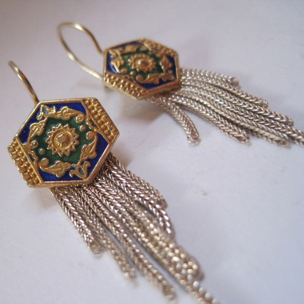 Turkish Enamel and Silver Tassel Earrings