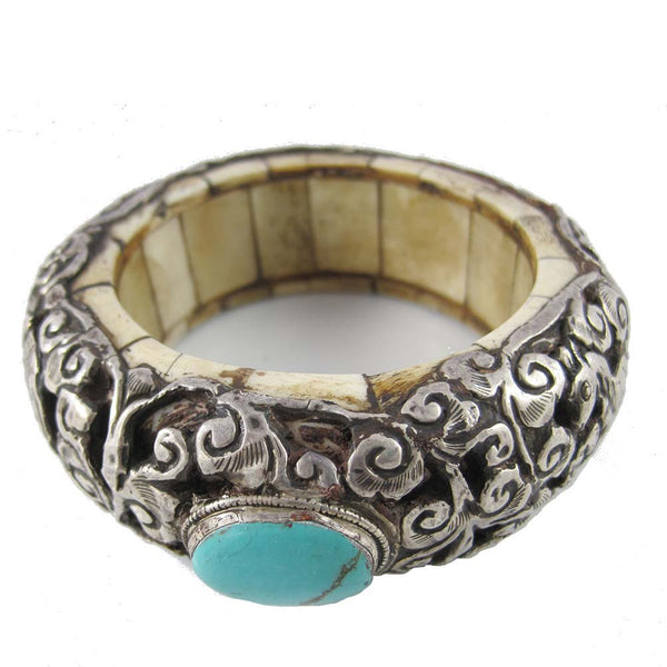 Nepal Bone Repousse Silver and Turquoise Bangle