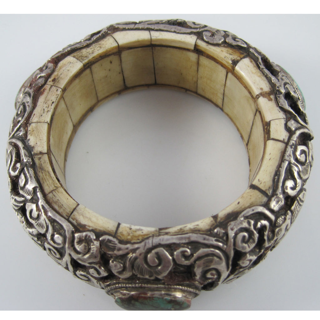 Nepal Bone Repousse Silver and Turquoise Bangle