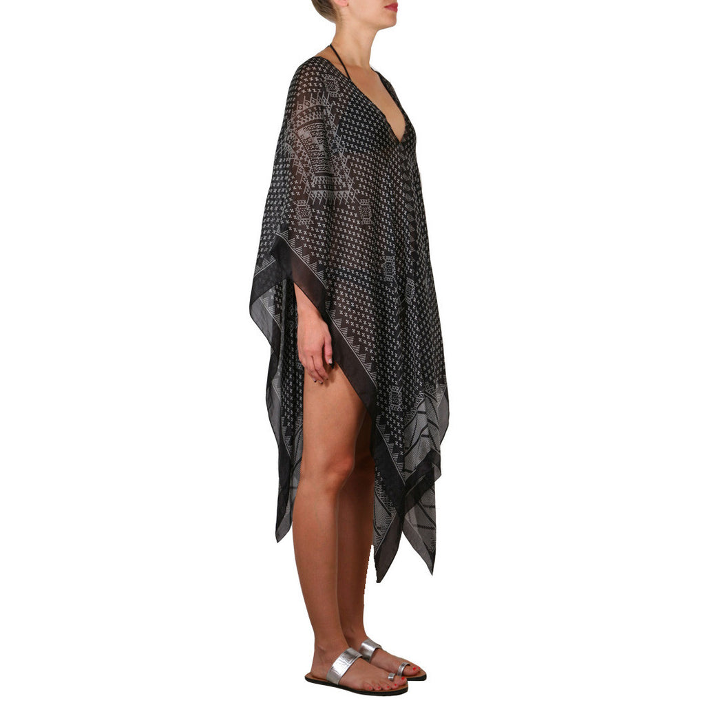 Black and White Silk Kharum Regular Poncho