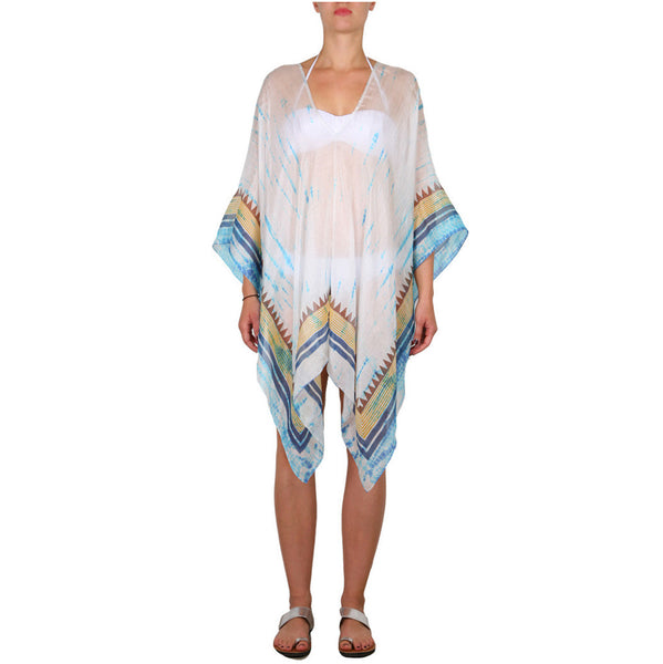 Blue Silk Block Printed Tie Dye Petite Poncho