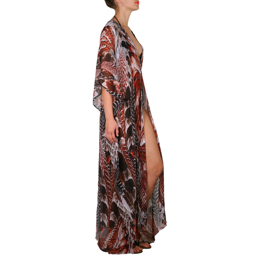 Natural Feather Side Draped Maxi Caftan