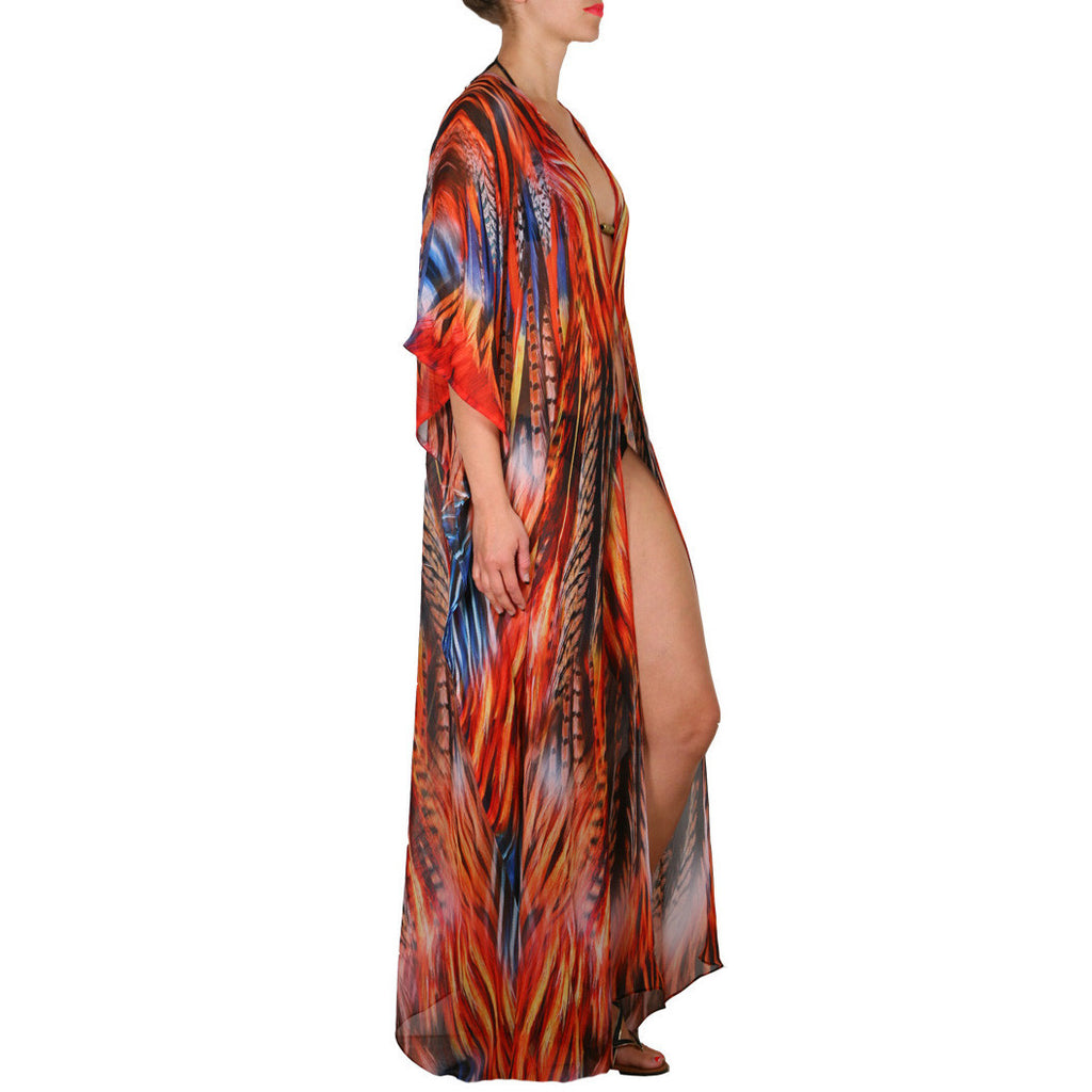 Feather Burst Side Drape Maxi Caftan