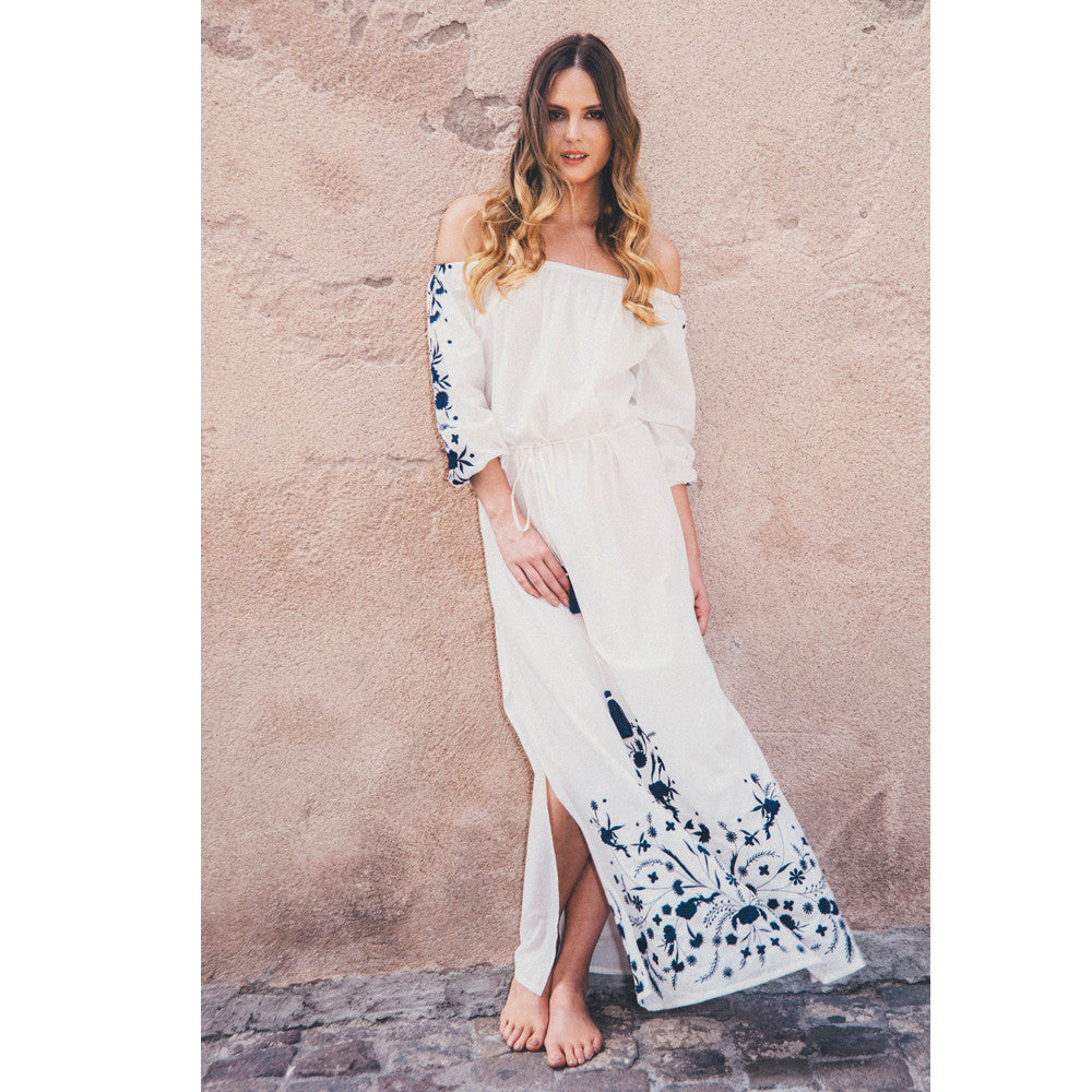 Embroidered White Cotton Grimaud  Maxi Dress