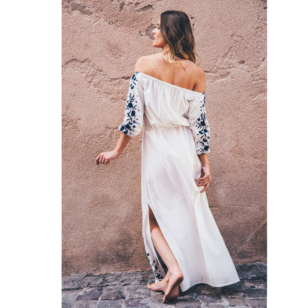 Embroidered White Cotton Grimaud  Maxi Dress