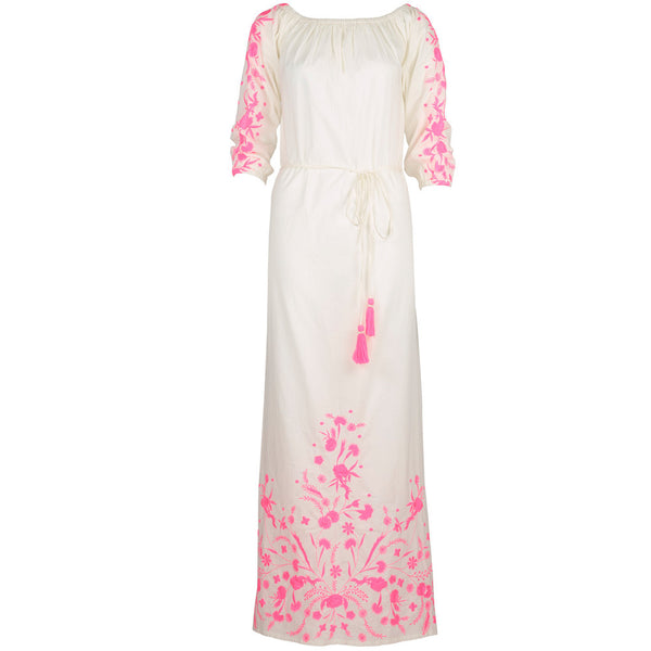 Embroidered White Cotton Voiles Maxi Dress