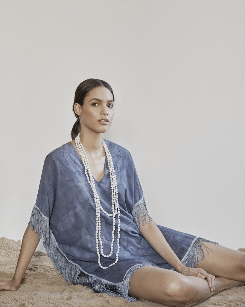 Blue Cotton Short Fringed Caftan