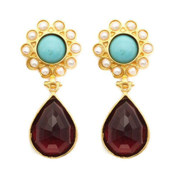 Gold, Turquoise, Pearl, and Crystal Jawa Earrings