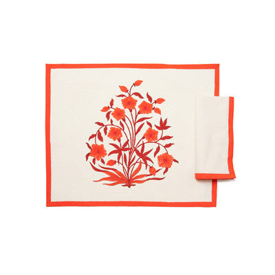 Red Mughal 10 Flower Place Mat and Napkin Set