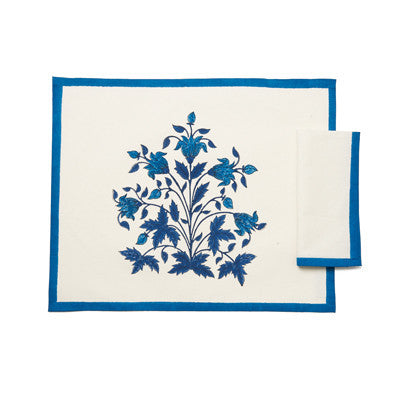 Blue Mughal 14 Flower Place Mat and Napkin Set