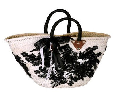 White and Black Handle Straw Tote