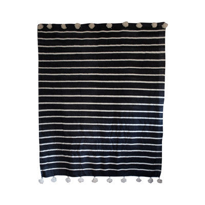 Striped Black Pom Pom Blanket