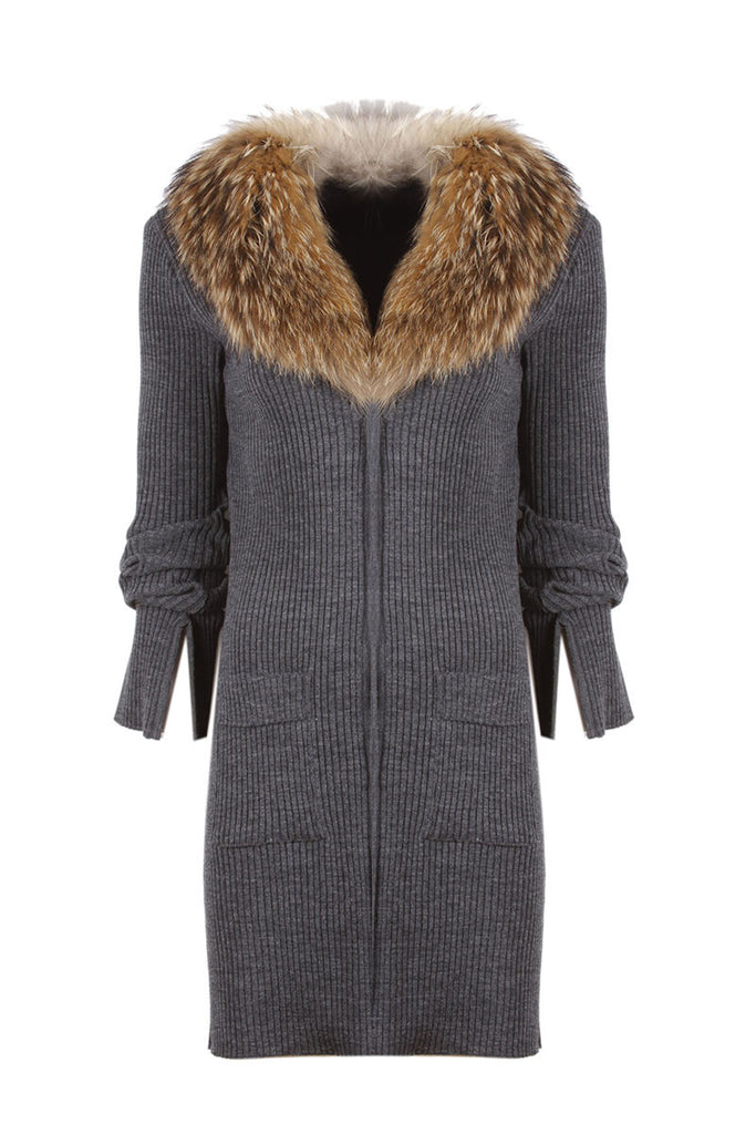 Dark Grey Ribbed and Fur Cardigan