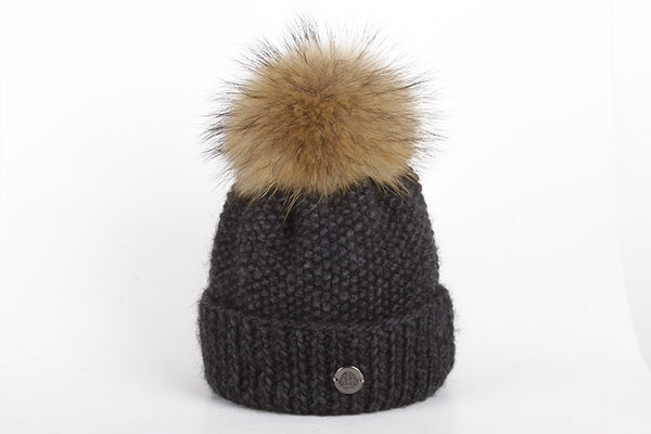 Dark Grey Wool Pom Pom Beanie