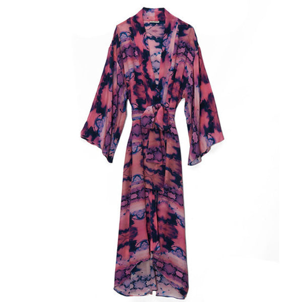 Sky Ink Print Silk Long Kimono